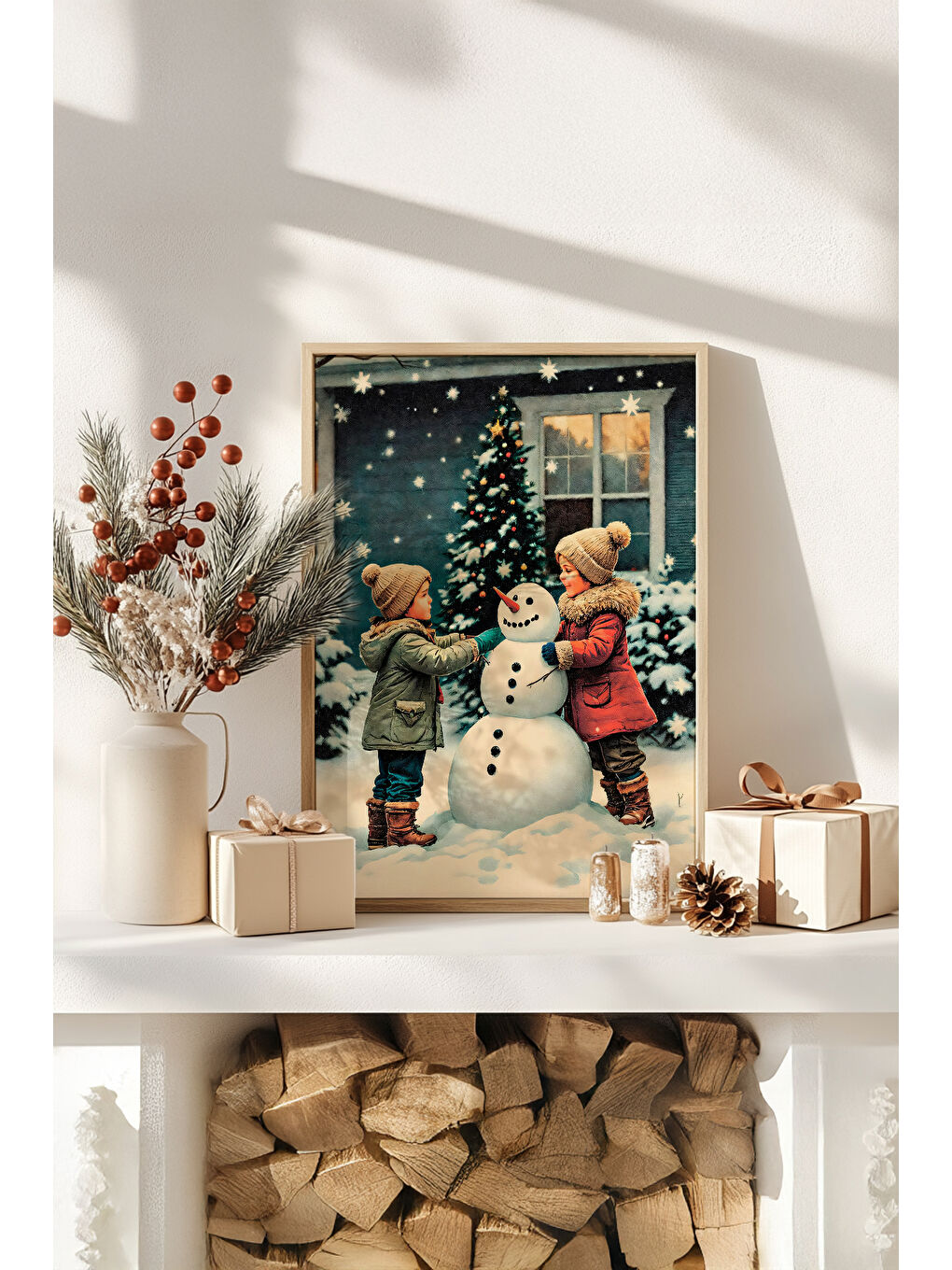 Beyaz Tek Parça Gerçek Ham Ahşap Çerçeveli Yılbaşı(New Year) Temalı Tablo - Model 2 - NWYEARSNGMDL2-5070