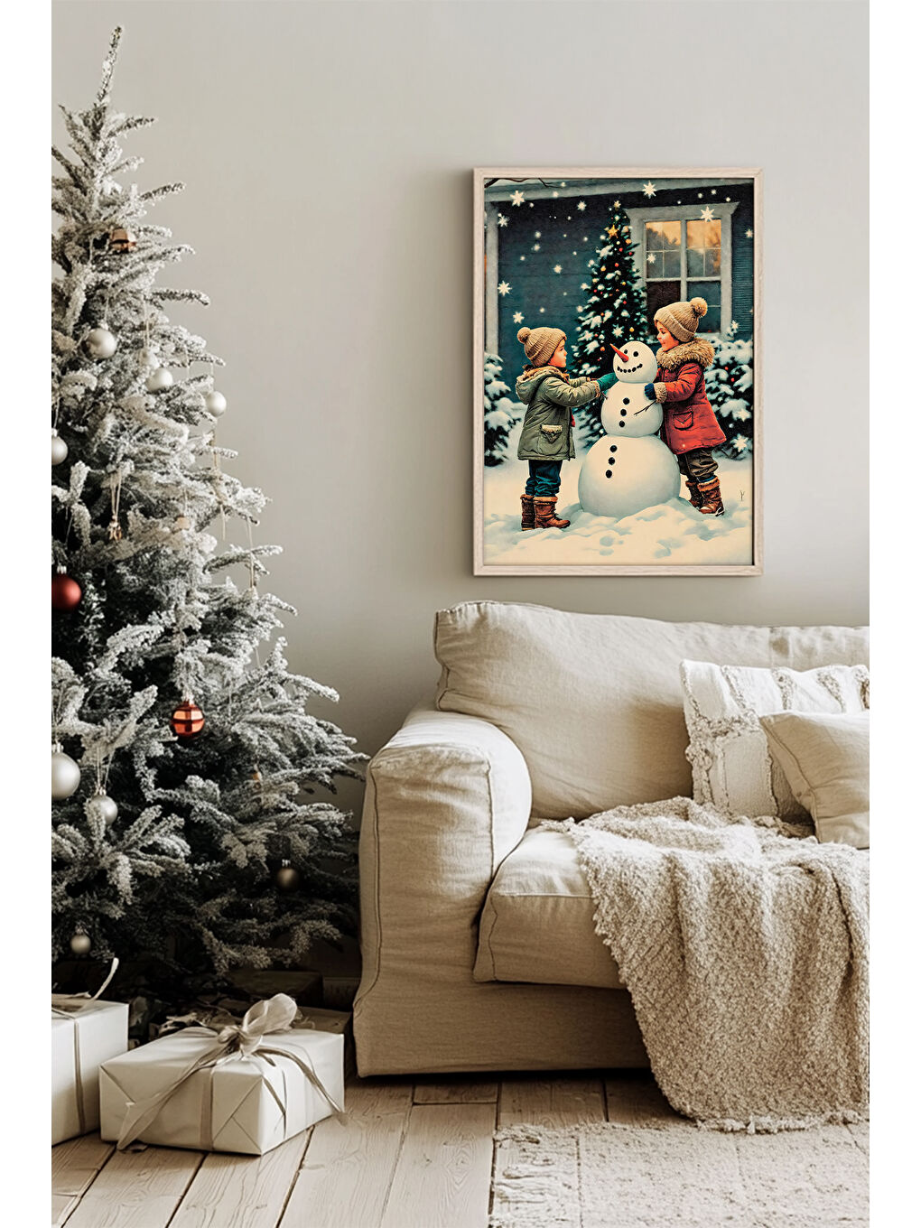 Beyaz Tek Parça Gerçek Ham Ahşap Çerçeveli Yılbaşı(New Year) Temalı Tablo - Model 2 - NWYEARSNGMDL2-5070-1