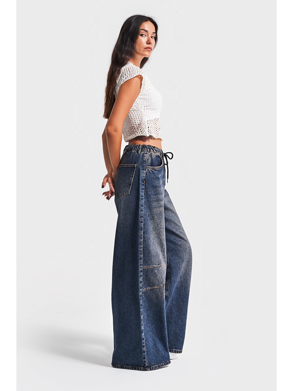 Mavi Bağcıklı Palazzo Fit Beli Laslikli Denim Jean-2