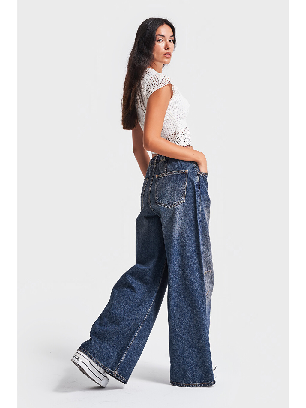 Mavi Bağcıklı Palazzo Fit Beli Laslikli Denim Jean-4