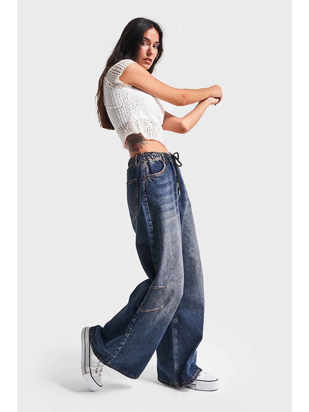 Mavi Bağcıklı Palazzo Fit Beli Laslikli Denim Jean-5
