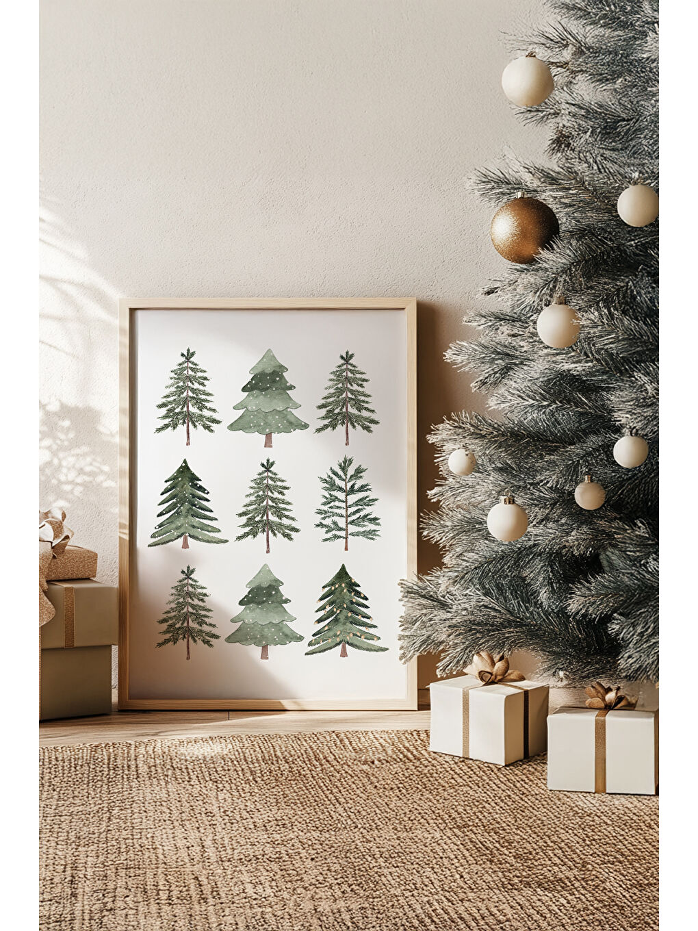 Beyaz Tek Parça Gerçek Ham Ahşap Çerçeveli Yılbaşı(New Year) Temalı Tablo - Model 47 - NWYEARSNGMDL47-3348