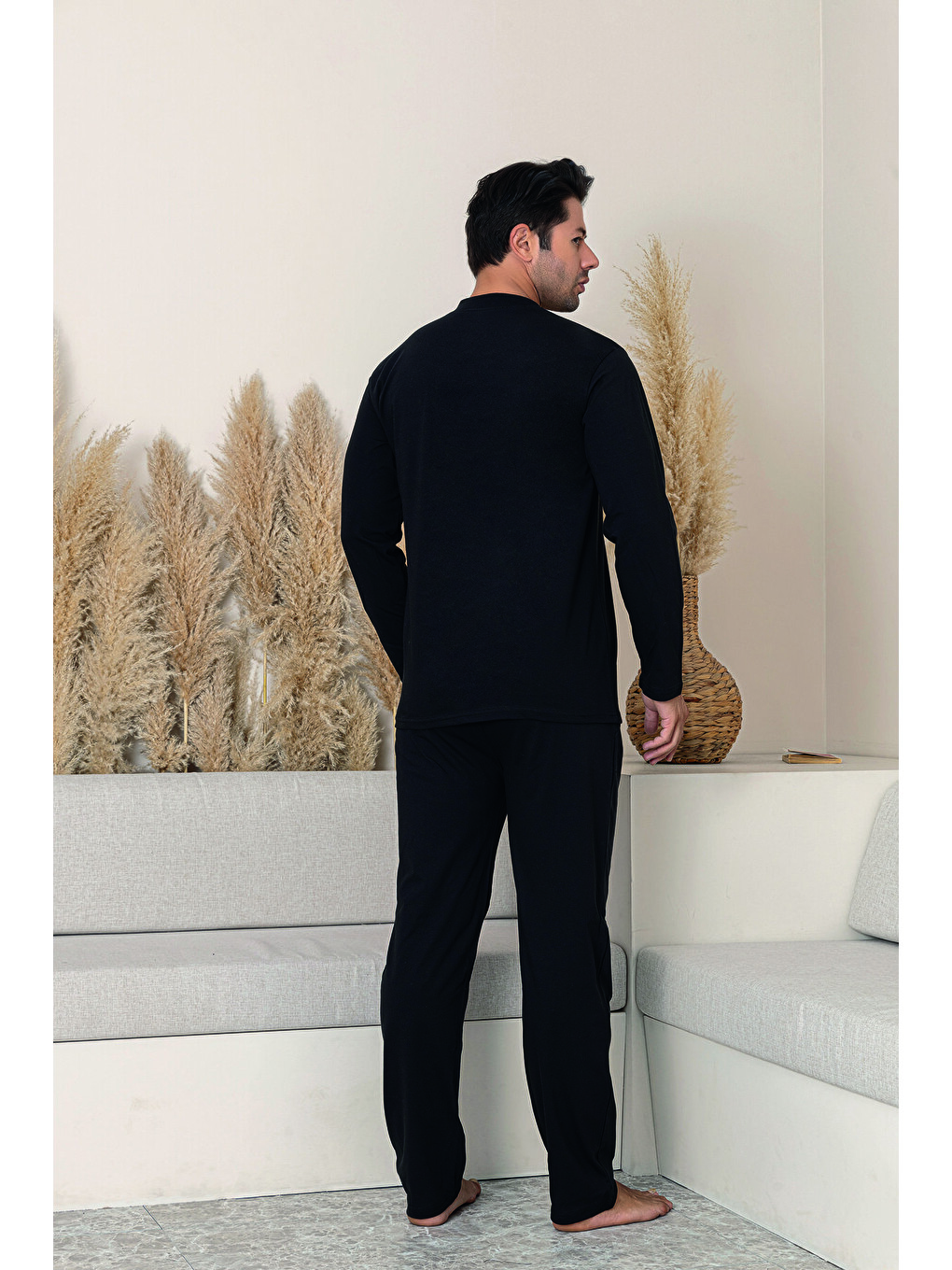 Erkek Siyah %100 Organik Doğal Pamuk Yüksek Kalite Düğmeli Uzun Kollu Pijama Takımı-2