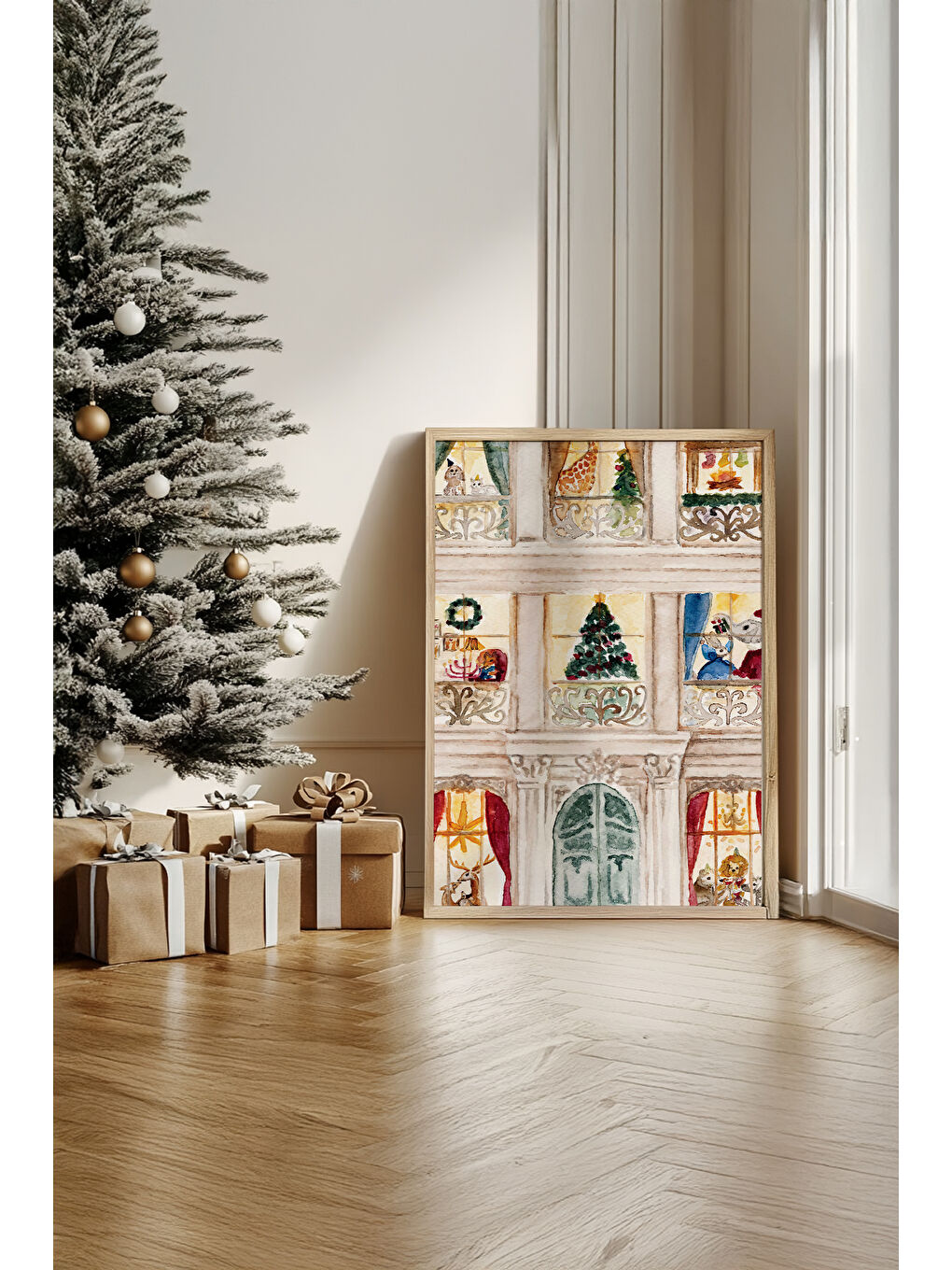 Beyaz Tek Parça Gerçek Ham Ahşap Çerçeveli Yılbaşı(New Year) Temalı Tablo - Model 50 - NWYEARSNGMDL50-5070