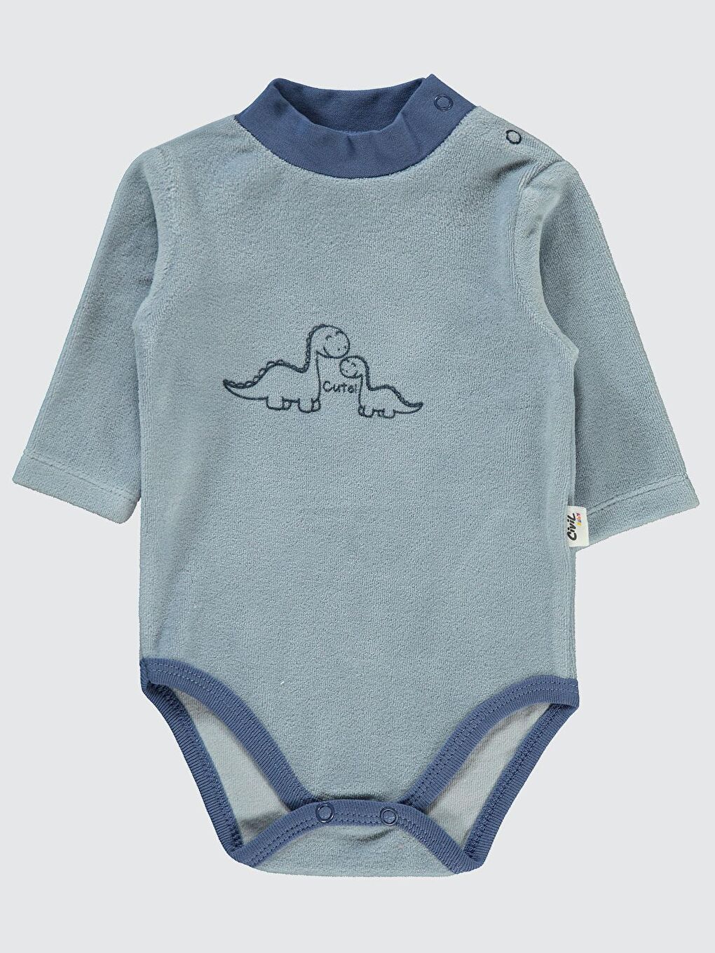 İndigo Baby Dinozor Baskılı Boğazlı 1-18 Ay Çıtçıtlı Badi - Mavi 3-6 Ay-1