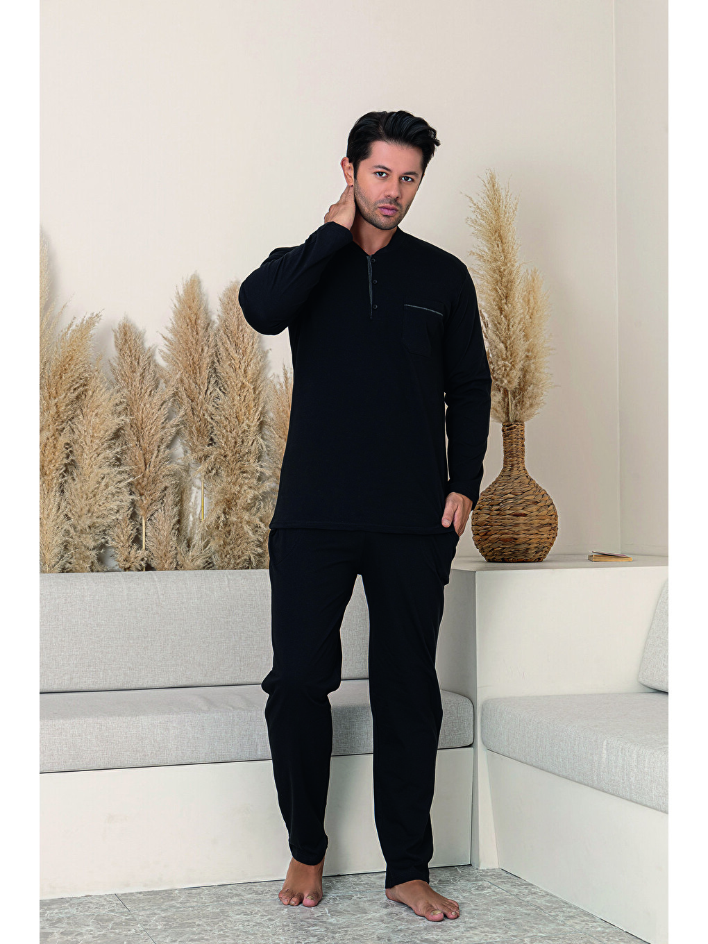 Erkek Siyah %100 Organik Doğal Pamuk Yüksek Kalite Düğmeli Uzun Kollu Pijama Takımı-3