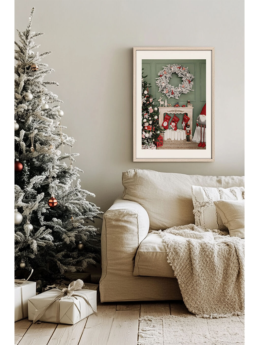 Beyaz Tek Parça Gerçek Ham Ahşap Çerçeveli Yılbaşı(New Year) Temalı Tablo - Model 52 - NWYEARSNGMDL52-3348-1