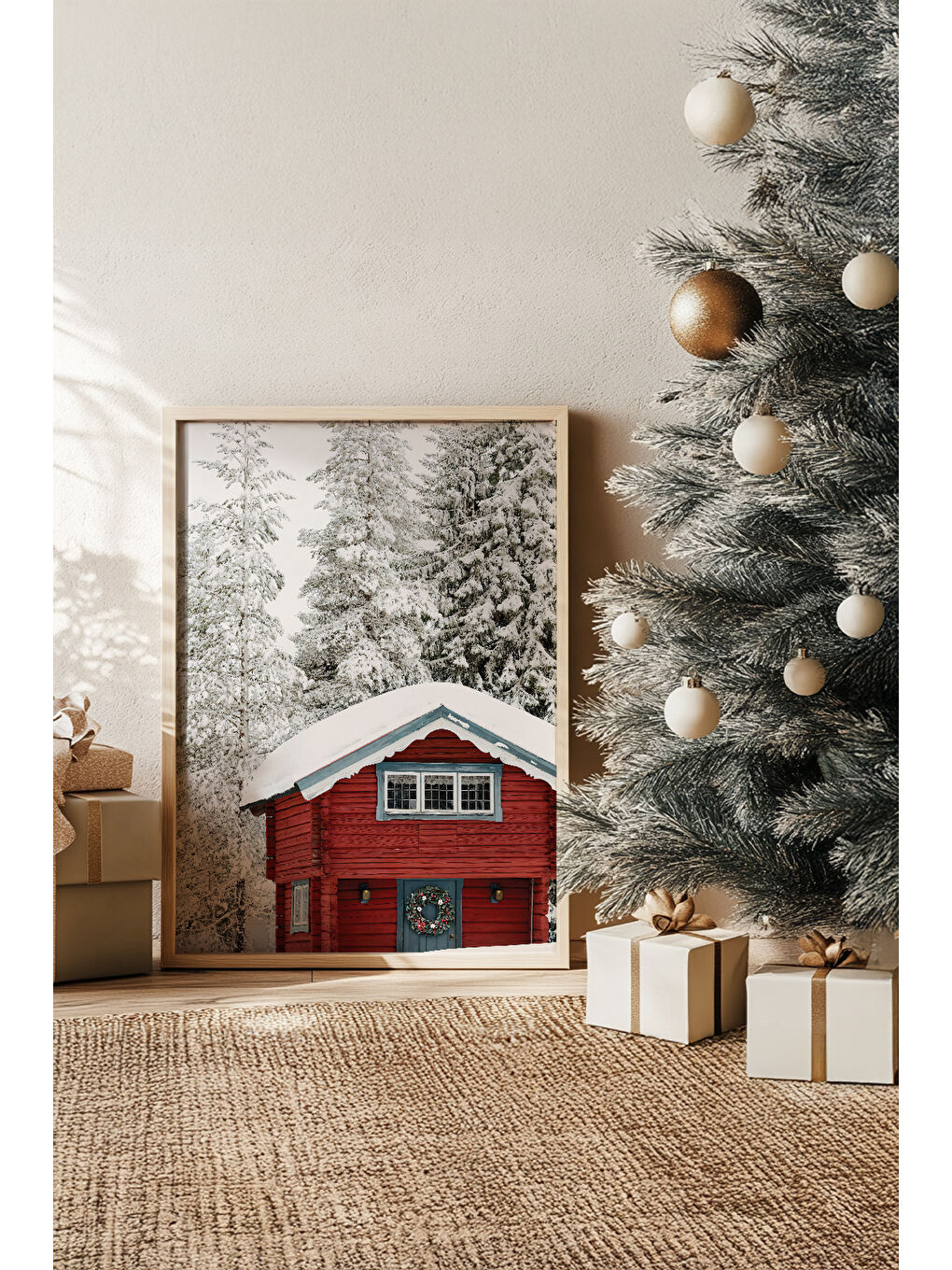 Beyaz Tek Parça Gerçek Ham Ahşap Çerçeveli Yılbaşı(New Year) Temalı Tablo - Model 55 - NWYEARSNGMDL55-3348