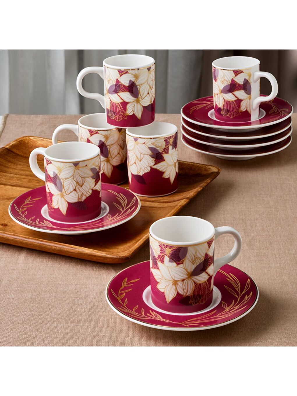 Ekru Camelia 12 Parça 6 Kişilik Kahve Fincan Takımı 67081 Bordo