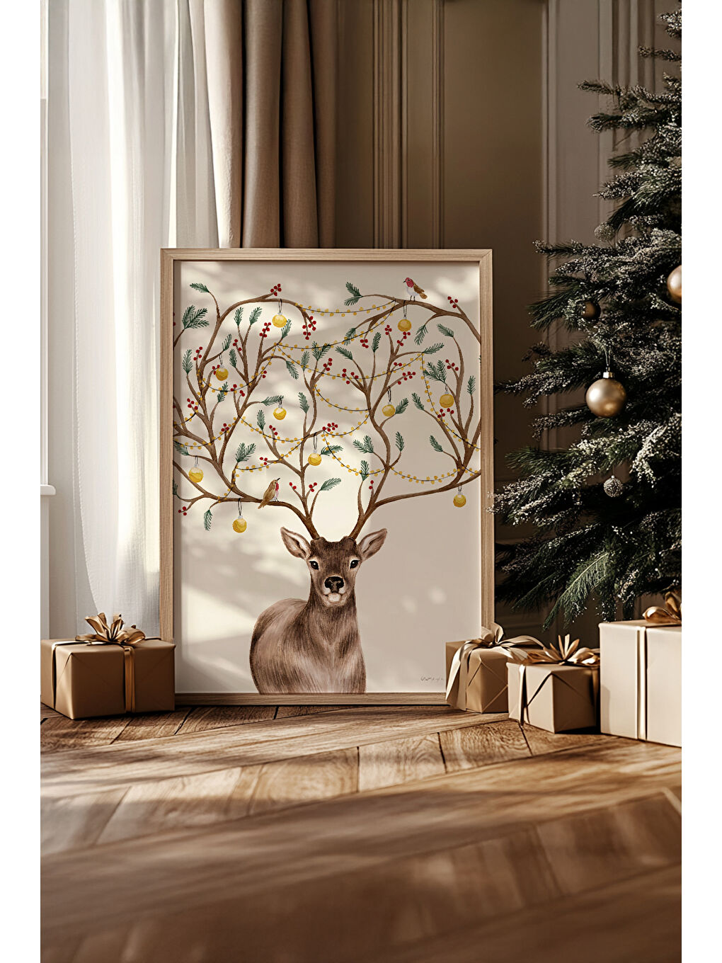 Beyaz Tek Parça Gerçek Ham Ahşap Çerçeveli Yılbaşı(New Year) Temalı Tablo - Model 69 - NWYEARSNGMDL69-5070