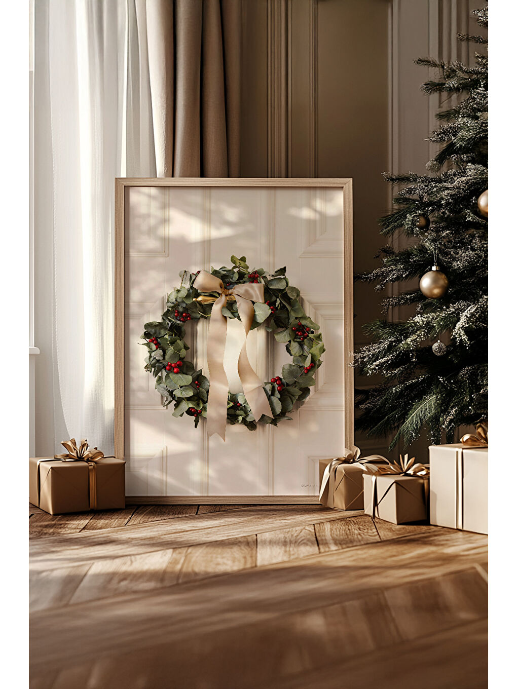 Beyaz Tek Parça Gerçek Ham Ahşap Çerçeveli Yılbaşı(New Year) Temalı Tablo - Model 93 - NWYEARSNGMDL93-3348