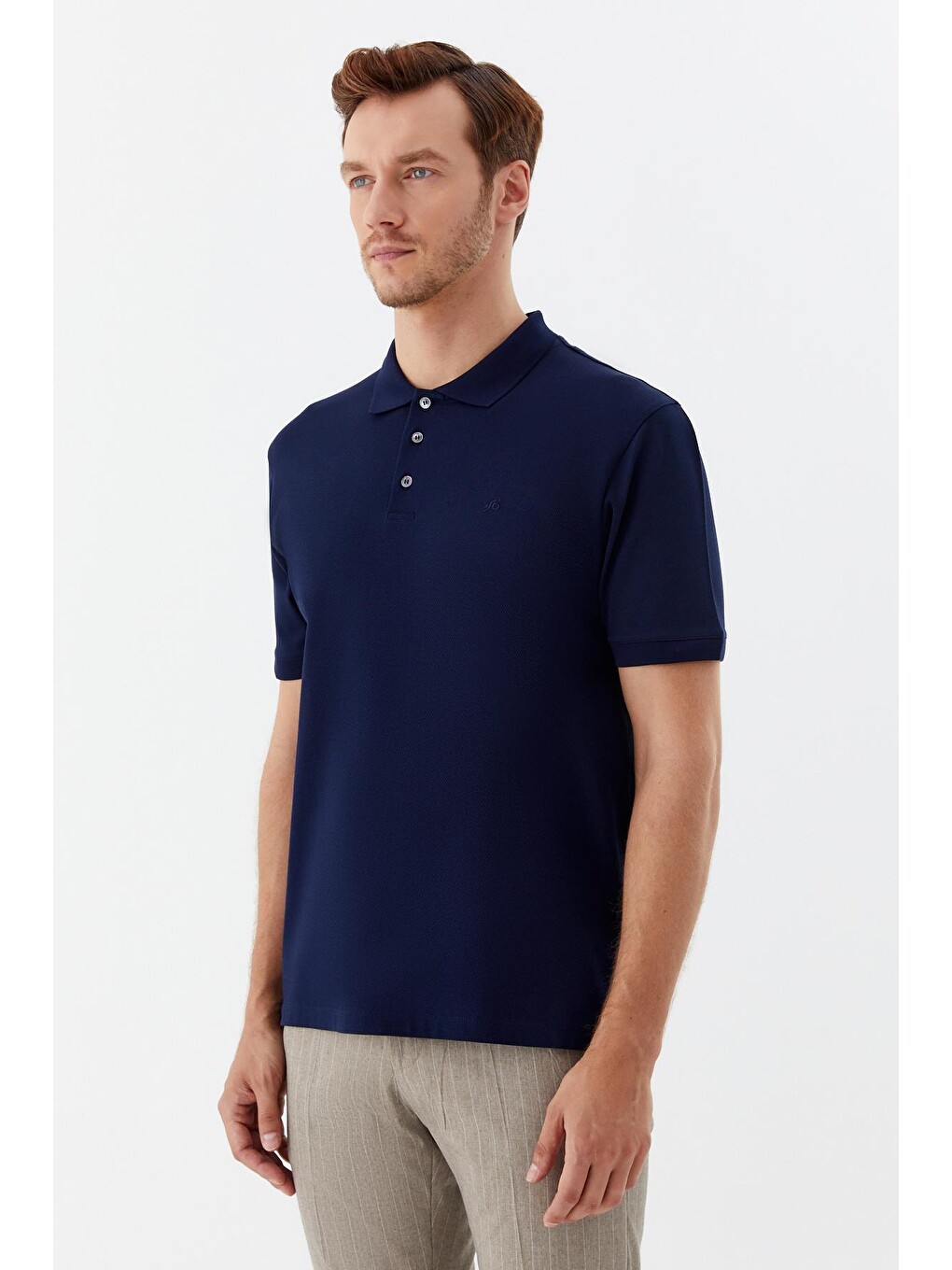 Erkek Lacivert Dar Kesim Slim Fit %100 Pamuk Dokuma Düğmeli Polo Yaka Tişört-2
