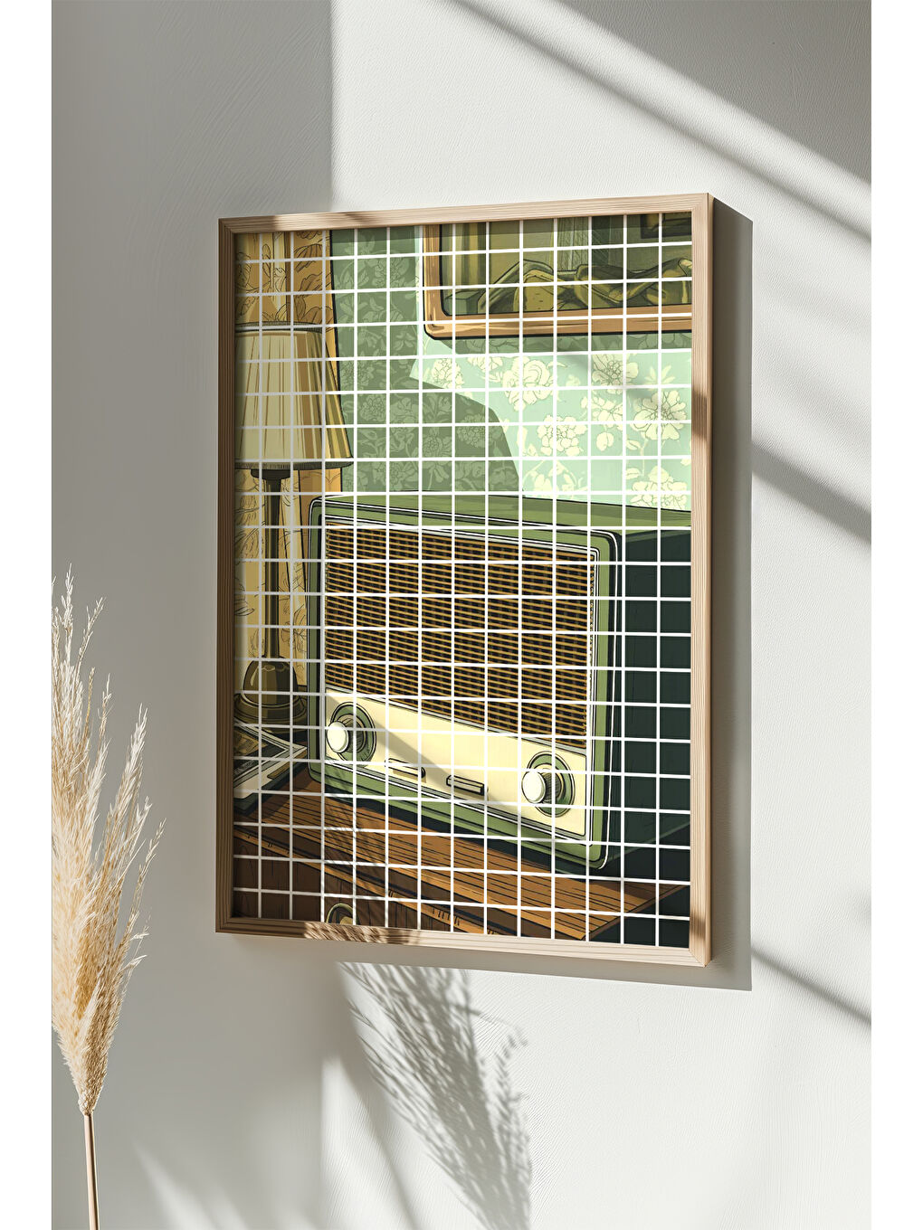 Beyaz Tek Parça Gerçek Ham Ahşap Çerçeveli Popart Kare Çizgili Tablo - Model 10 - POPKARE10-5070-1