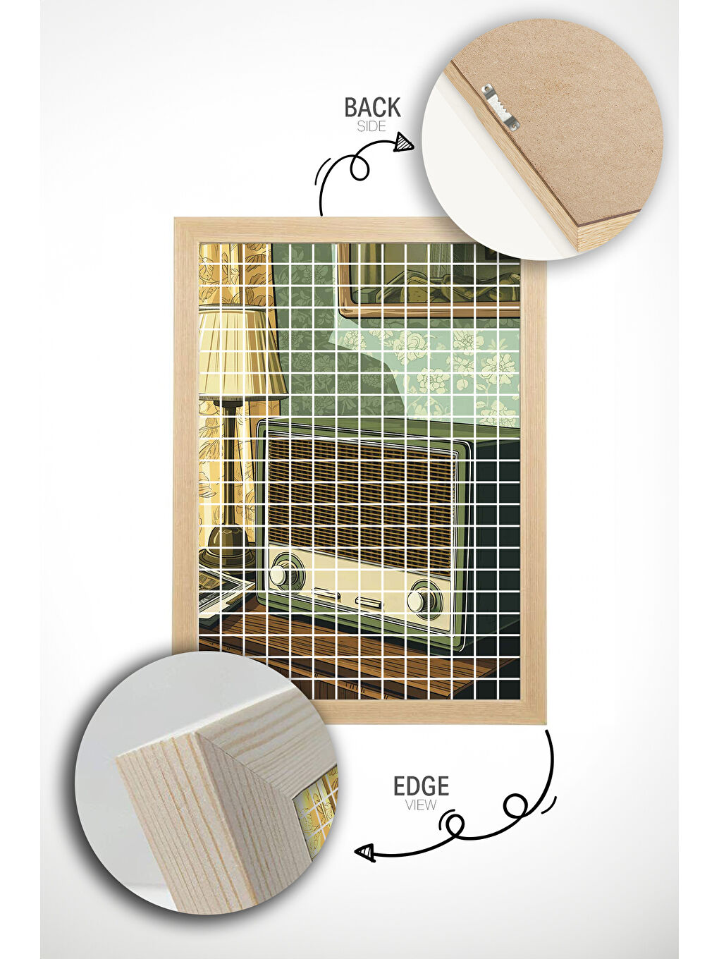 Beyaz Tek Parça Gerçek Ham Ahşap Çerçeveli Popart Kare Çizgili Tablo - Model 10 - POPKARE10-5070-2