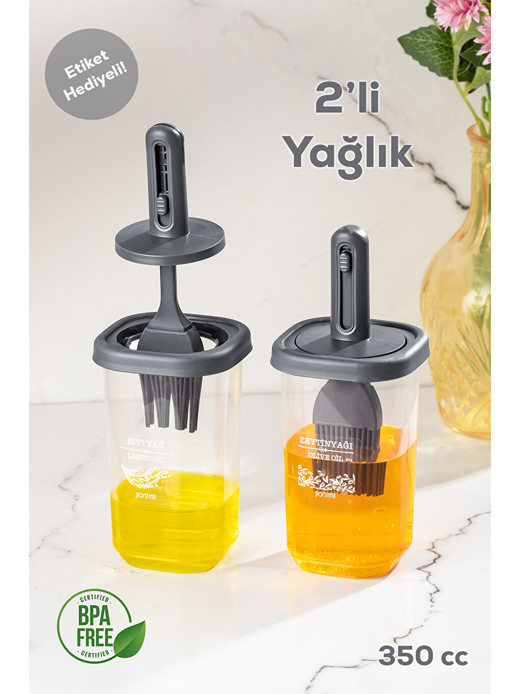 Porsima Antrasit 0520 2'li Etiketli Silikon Fırçalı Yağlık Sirkelik - Yağdanlık-sosluk Erzak Saklama Kabı 350 Cc - 2