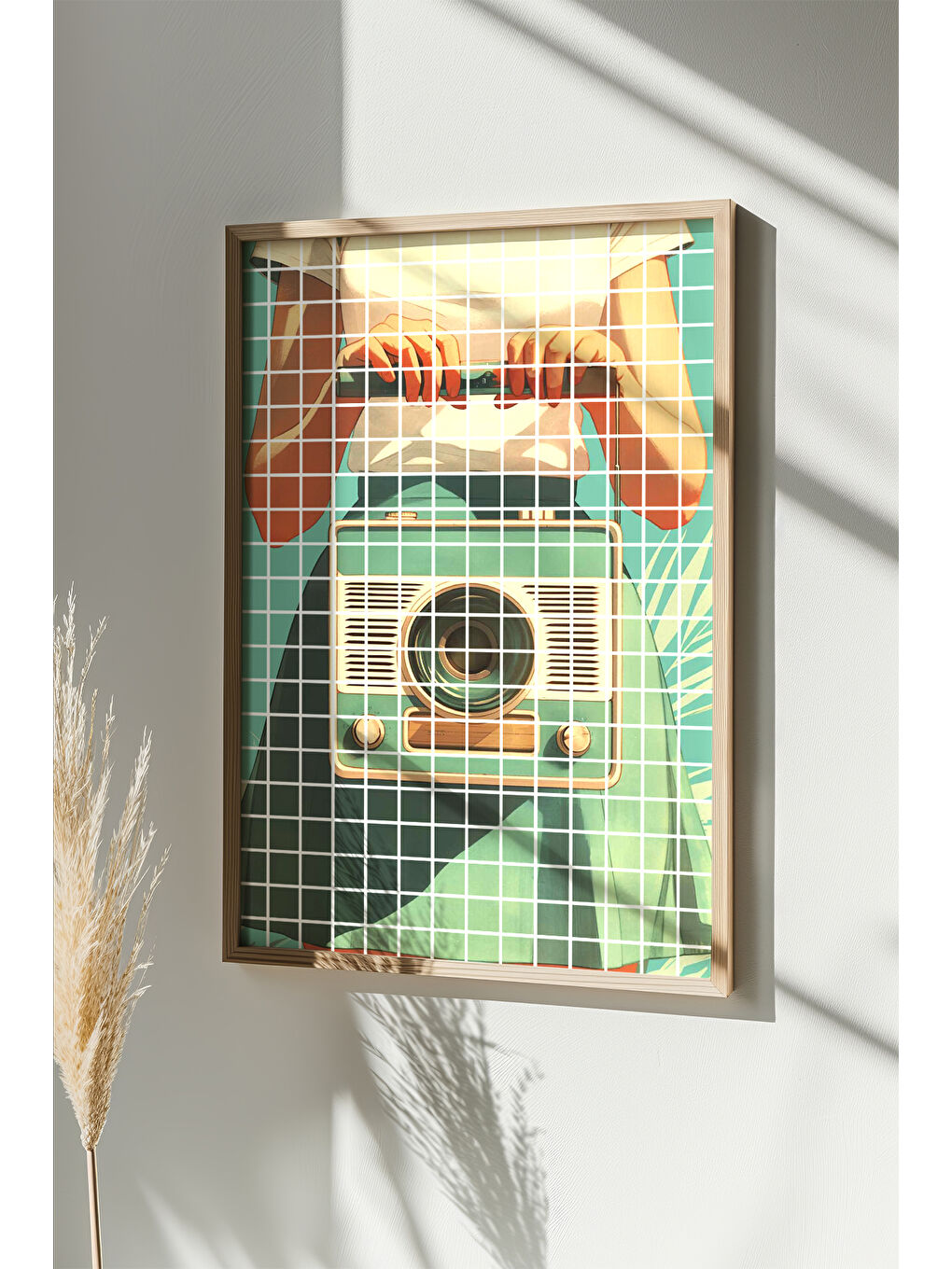 Beyaz Tek Parça Gerçek Ham Ahşap Çerçeveli Popart Kare Çizgili Tablo - Model 11 - POPKARE11-3348-1