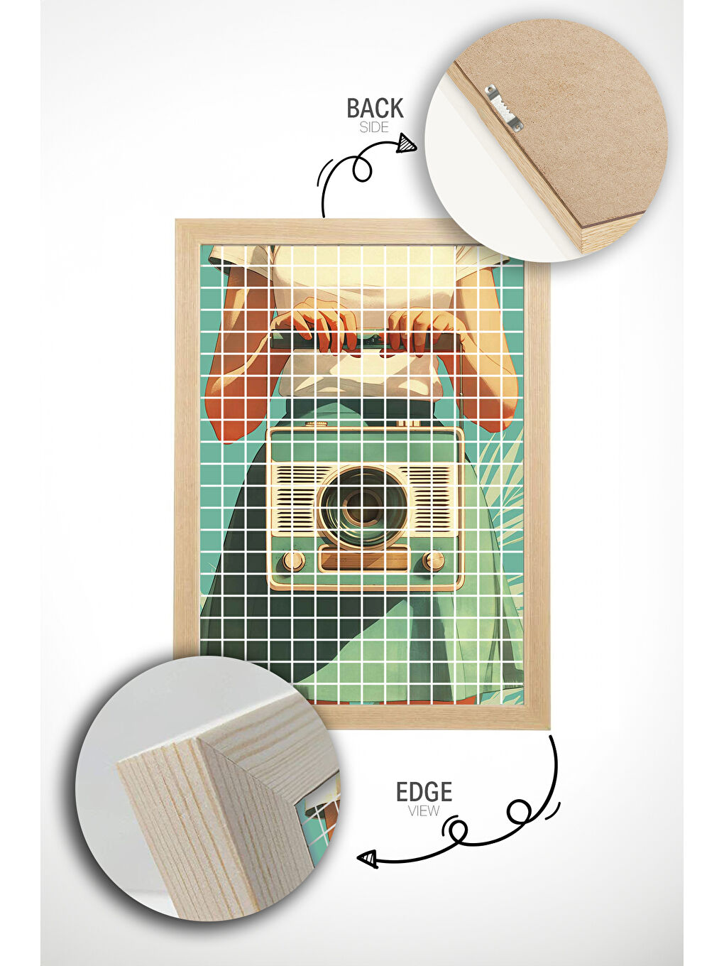 Beyaz Tek Parça Gerçek Ham Ahşap Çerçeveli Popart Kare Çizgili Tablo - Model 11 - POPKARE11-3348-2