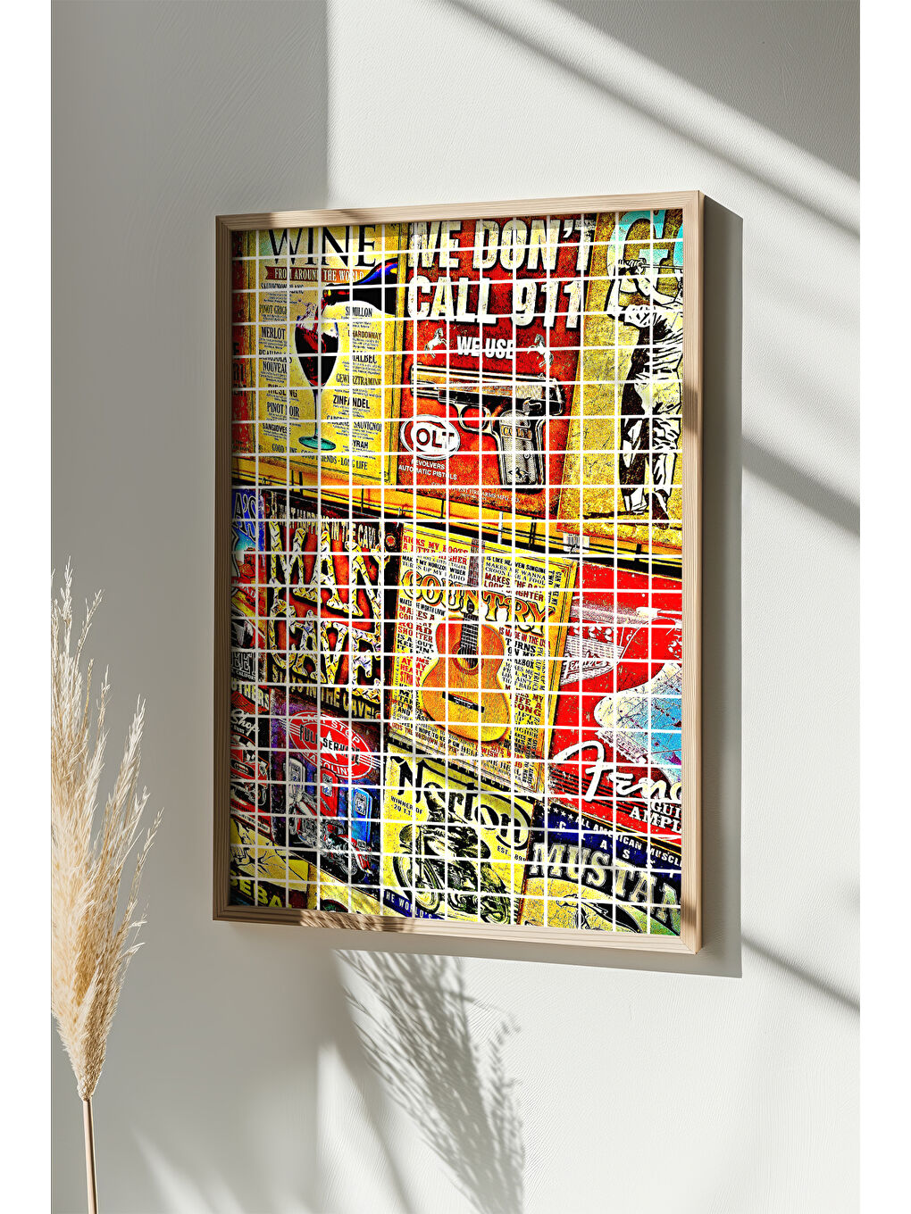 Beyaz Tek Parça Gerçek Ham Ahşap Çerçeveli Popart Kare Çizgili Tablo - Model 13 - POPKARE13-3348-1