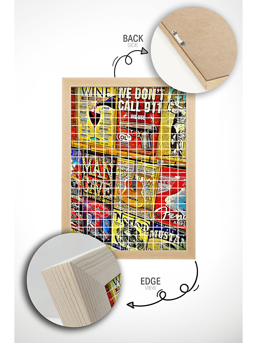 Beyaz Tek Parça Gerçek Ham Ahşap Çerçeveli Popart Kare Çizgili Tablo - Model 13 - POPKARE13-3348-2