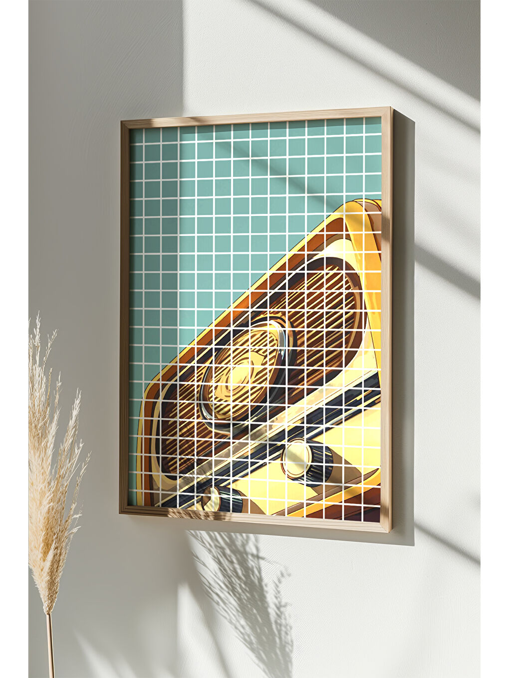 Beyaz Tek Parça Gerçek Ham Ahşap Çerçeveli Popart Kare Çizgili Tablo - Model 9 - POPKARE9-3348-1