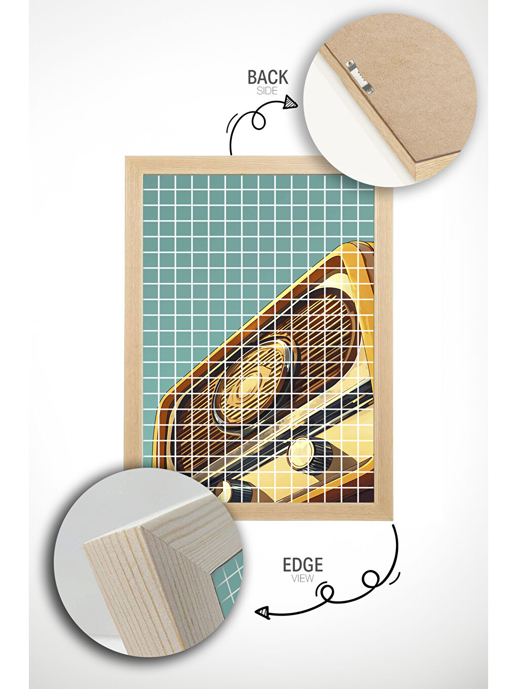 Beyaz Tek Parça Gerçek Ham Ahşap Çerçeveli Popart Kare Çizgili Tablo - Model 9 - POPKARE9-3348-2