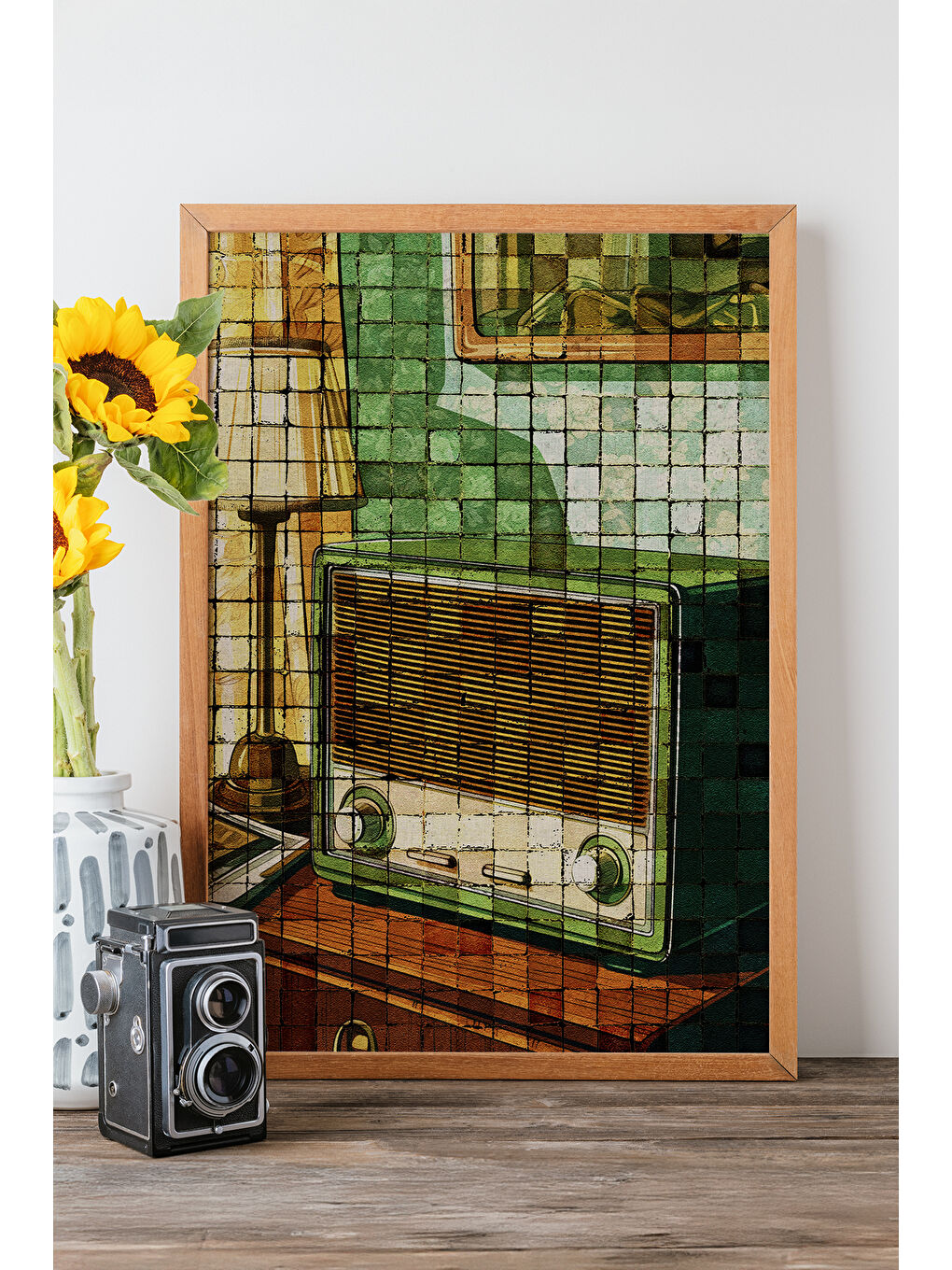 Beyaz Tek Parça Gerçek Ham Ahşap Çerçeveli Popart Mosaic Çizgili Tablo - Model 10 - POPMOSAIC10-3348