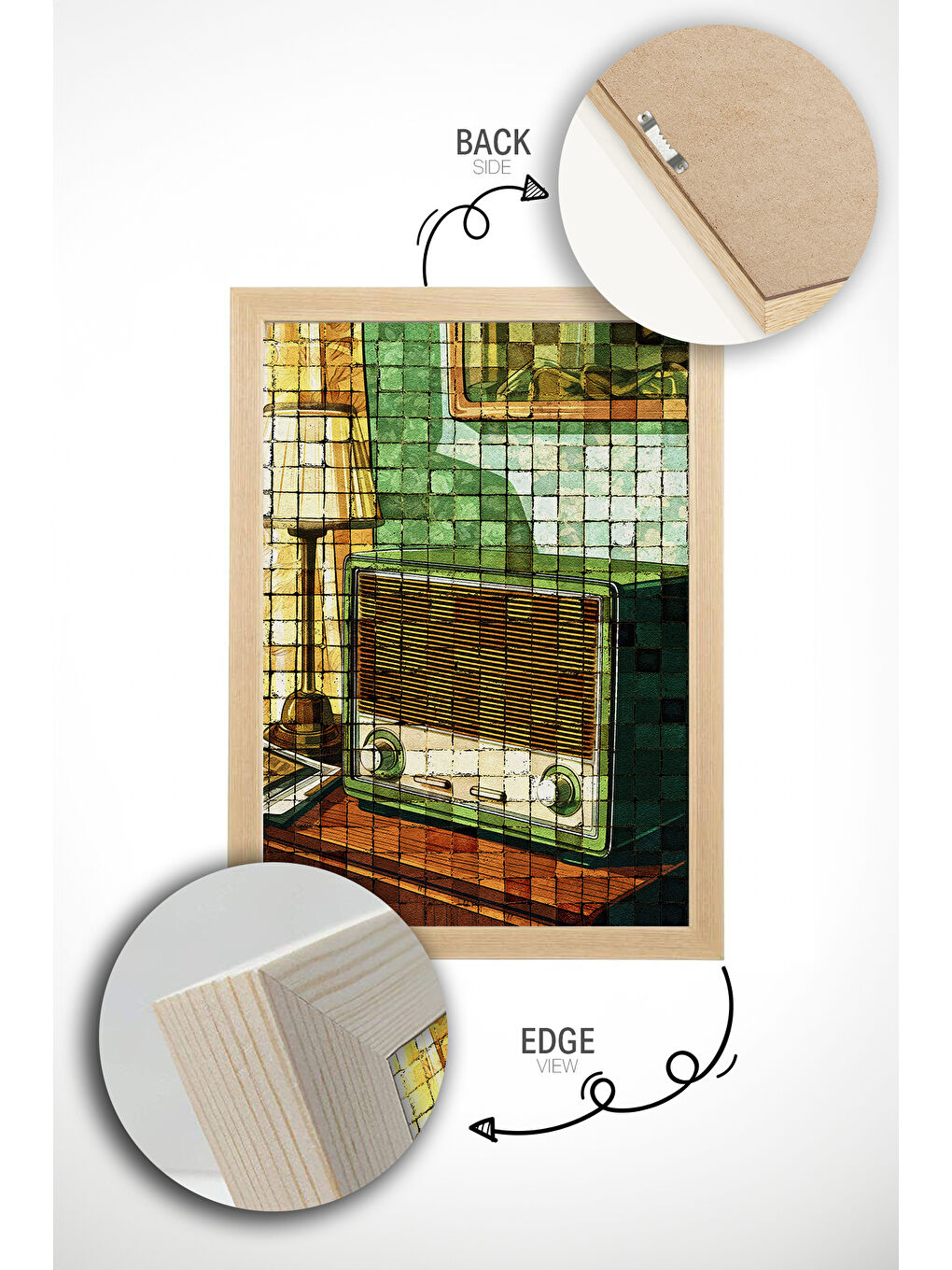 Beyaz Tek Parça Gerçek Ham Ahşap Çerçeveli Popart Mosaic Çizgili Tablo - Model 10 - POPMOSAIC10-3348-1