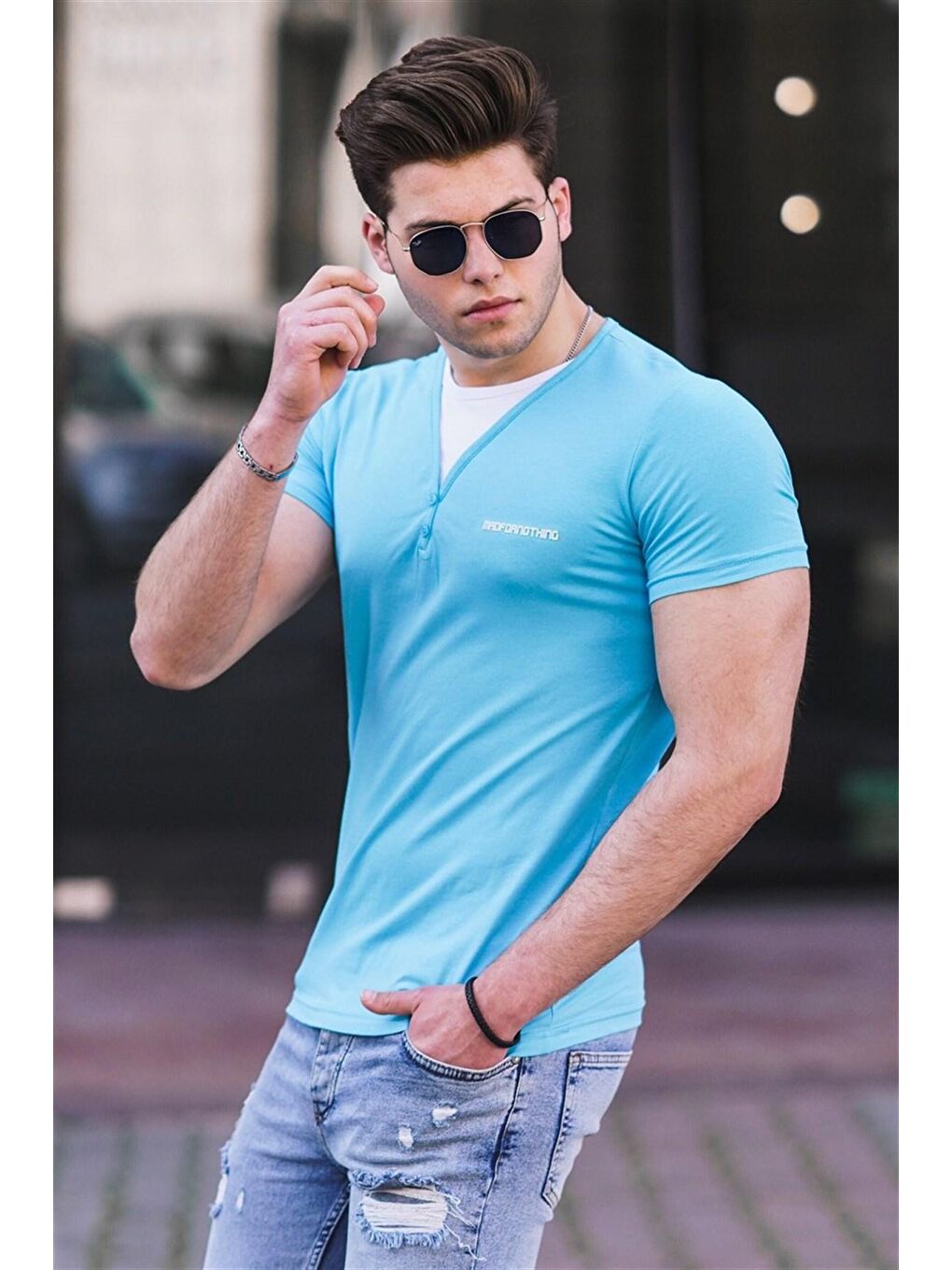 Mavi Düğmeli Erkek Tişört 4581