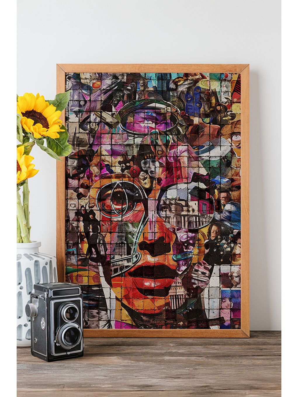 Beyaz Tek Parça Gerçek Ham Ahşap Çerçeveli Popart Mosaic Çizgili Tablo - Model 18 - POPMOSAIC18-5070