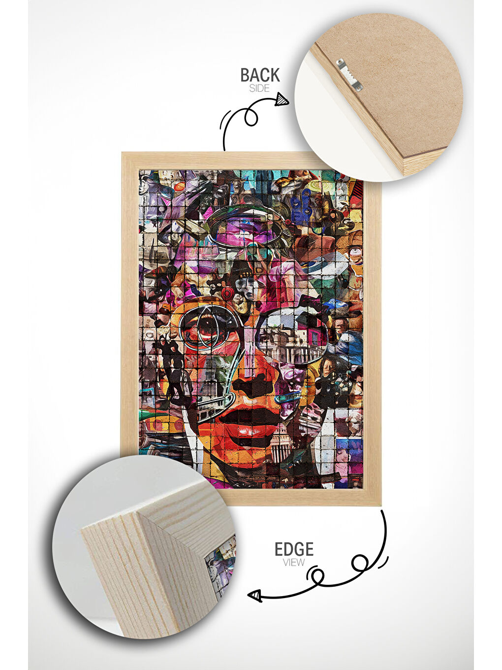 Beyaz Tek Parça Gerçek Ham Ahşap Çerçeveli Popart Mosaic Çizgili Tablo - Model 18 - POPMOSAIC18-5070-1