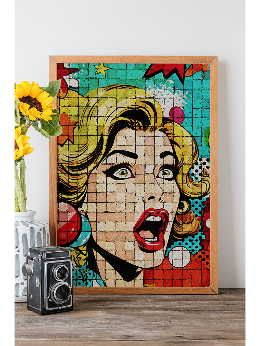 Beyaz Tek Parça Gerçek Ham Ahşap Çerçeveli Popart Mosaic Çizgili Tablo - Model 29 - POPMOSAIC29-5070