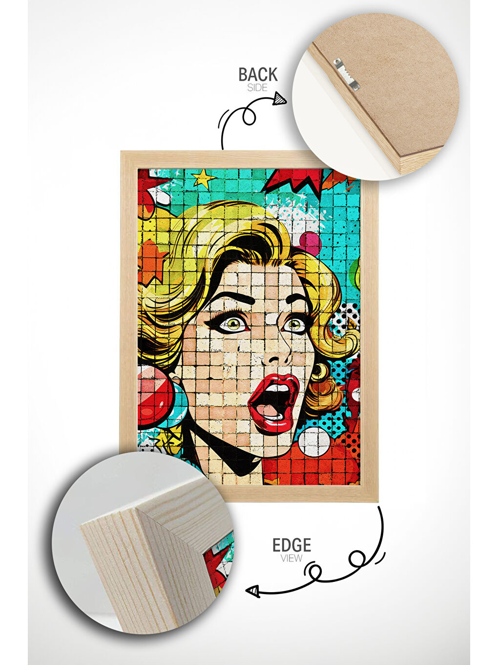 Beyaz Tek Parça Gerçek Ham Ahşap Çerçeveli Popart Mosaic Çizgili Tablo - Model 29 - POPMOSAIC29-5070-1