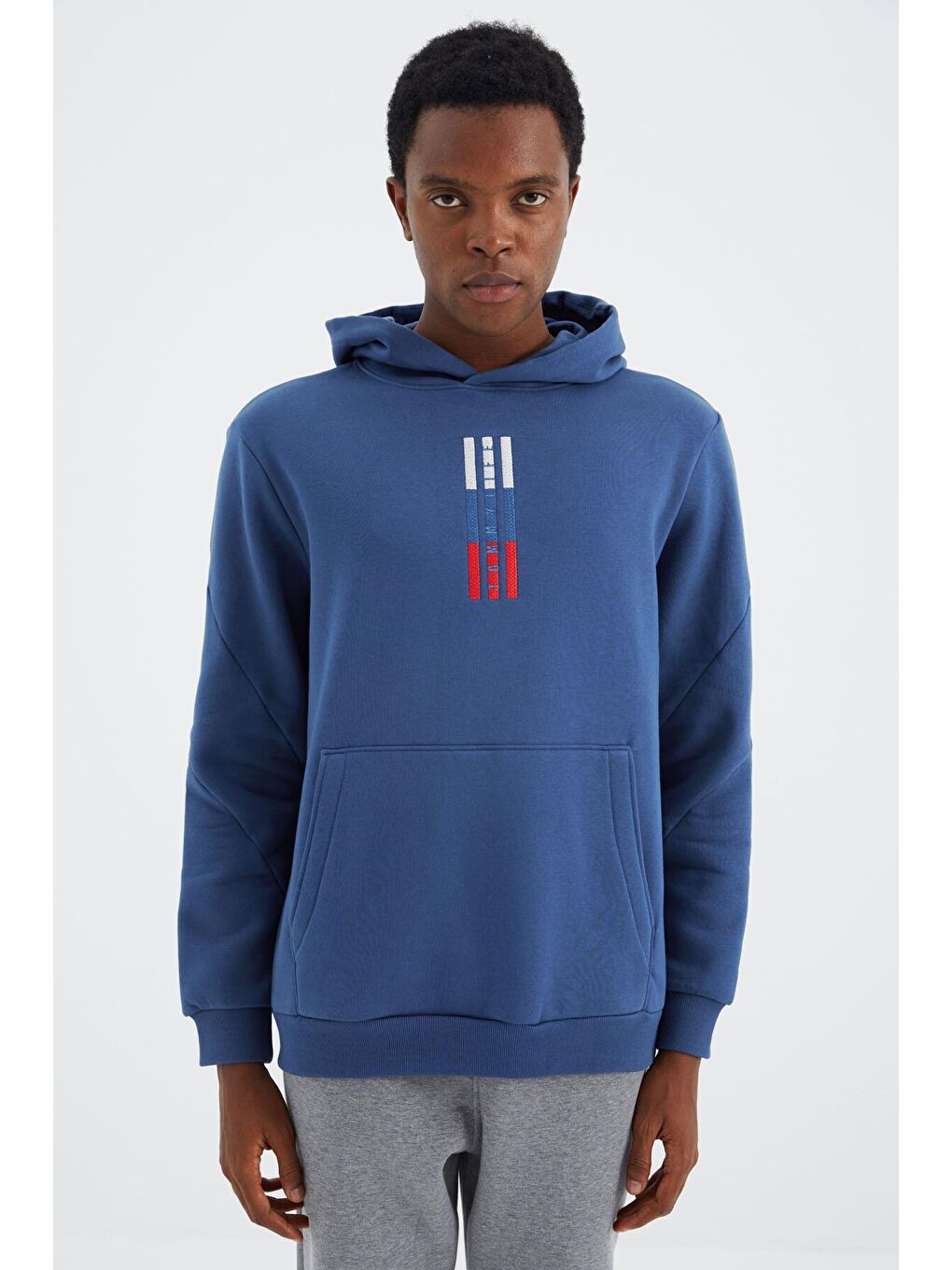 TOMMYLIFE Lacivert Parlıament Kapüşonlu Nakış Detaylı Rahat Kalıp Erkek Sweatshirt - 88291