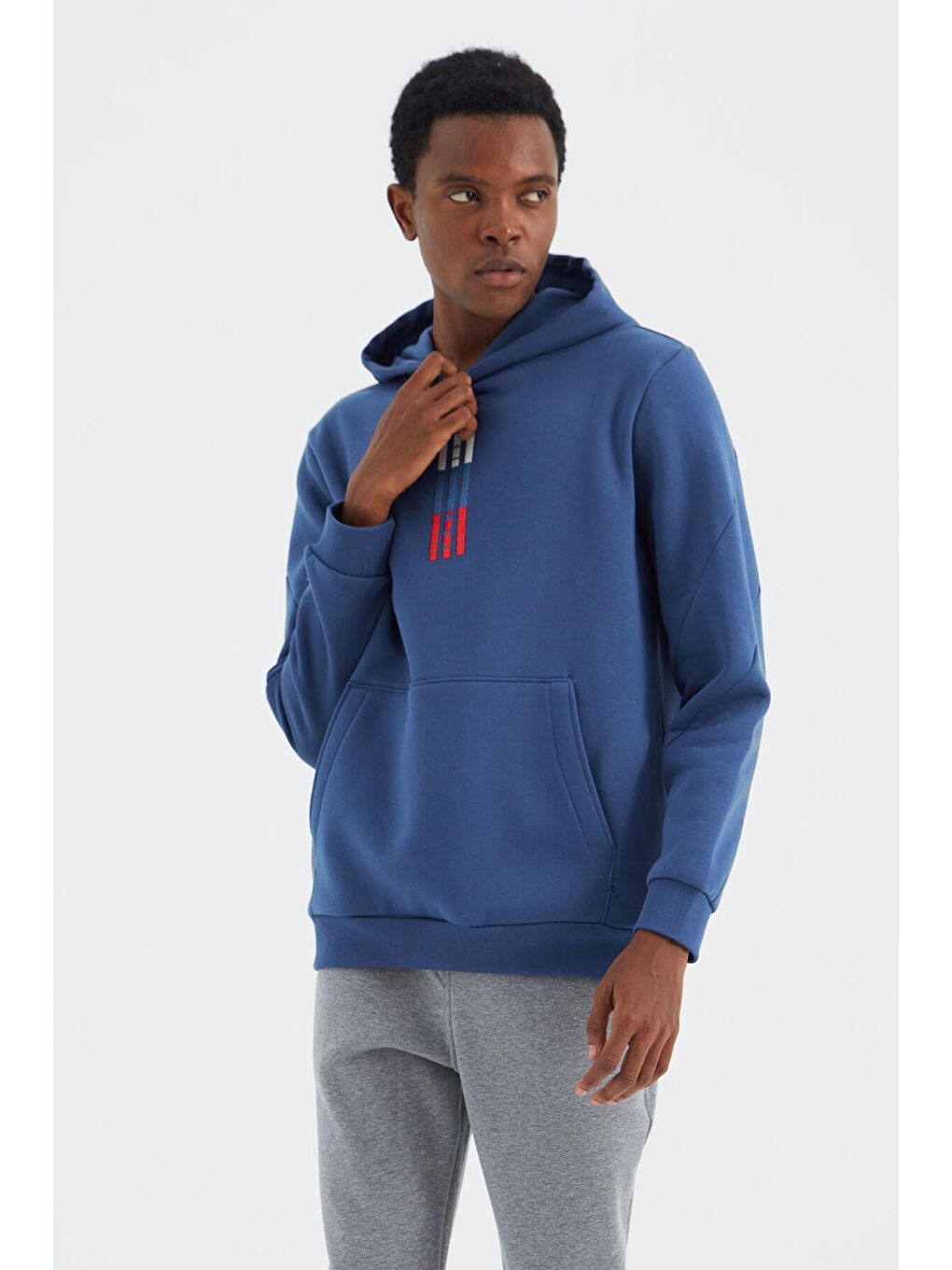 TOMMYLIFE Lacivert Parlıament Kapüşonlu Nakış Detaylı Rahat Kalıp Erkek Sweatshirt - 88291 - 4