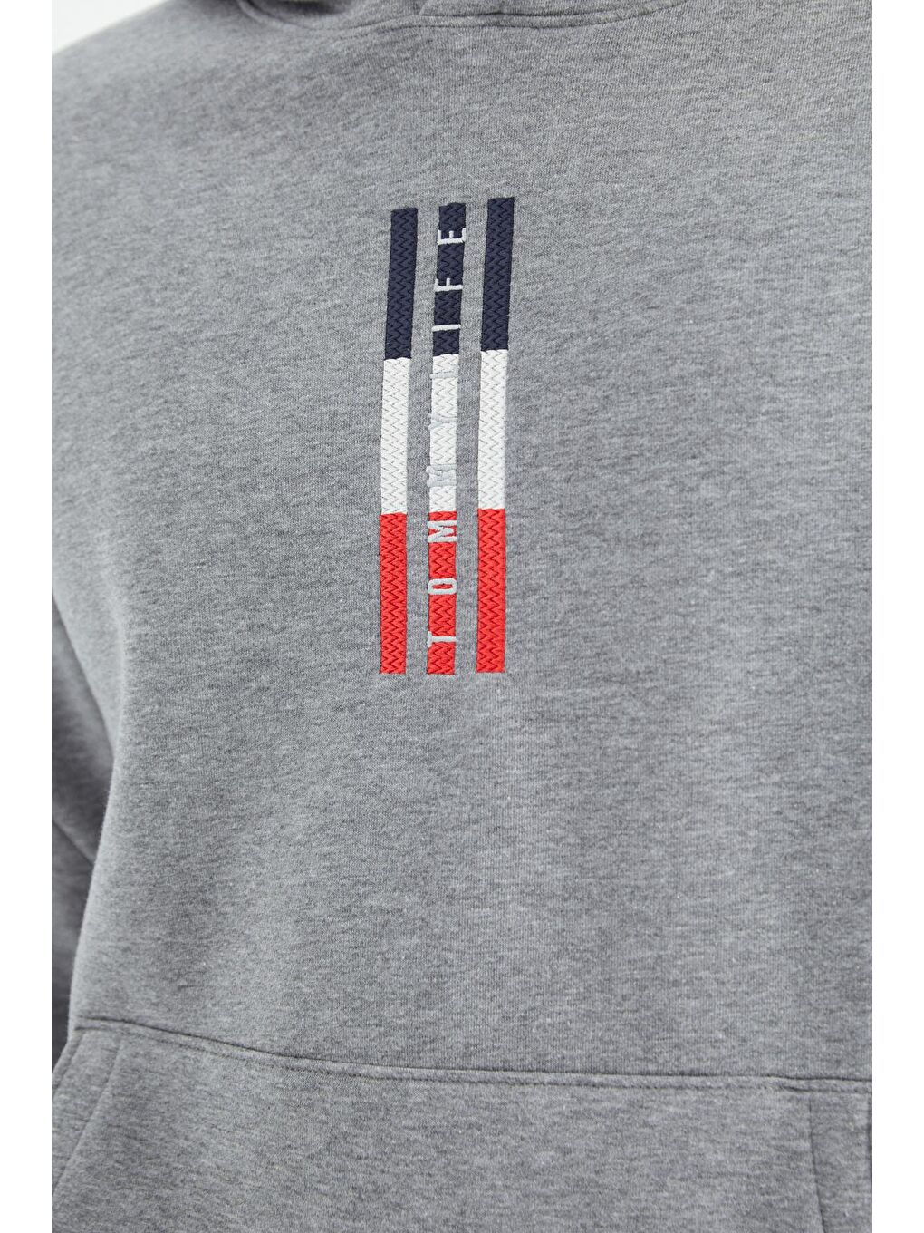 TOMMYLIFE Gri Melanj Kapüşonlu Nakış Detaylı Rahat Kalıp Erkek Sweatshirt - 88291 - 1