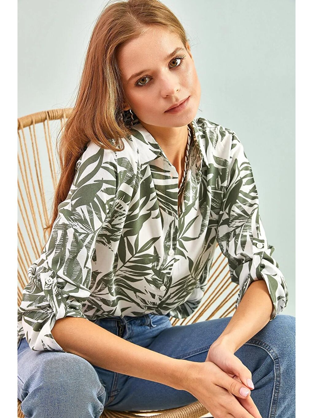 Yeşil Kadın Multi Desenli Kol Katlamalı Viskon Gömlek