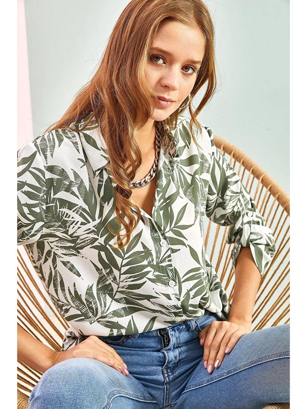 Yeşil Kadın Multi Desenli Kol Katlamalı Viskon Gömlek-1