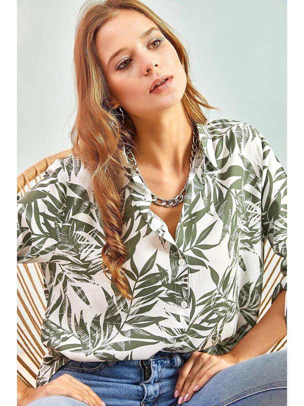 Yeşil Kadın Multi Desenli Kol Katlamalı Viskon Gömlek-2