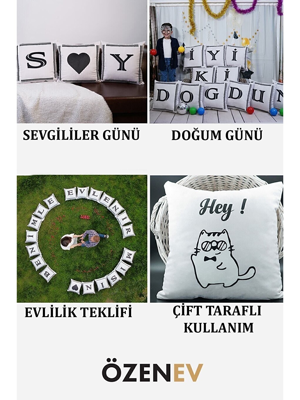 Beyaz Harfli Kırlent Kılıfı Kadife 43x43 Cm Çift Taraflı Y Harfi Kedi Desenli Evlilik Teklifi Doğum Günü-2