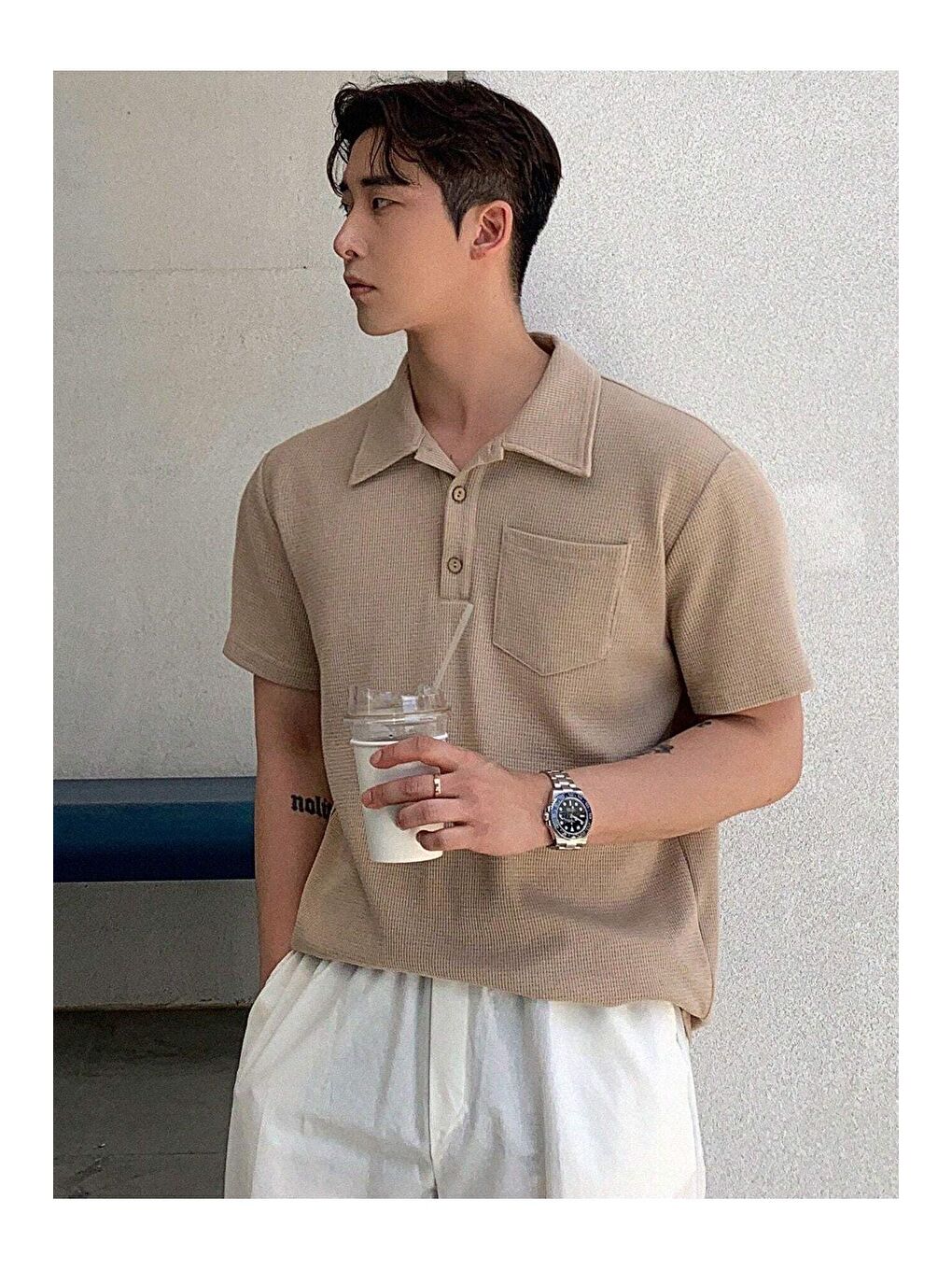 GENIUS STORE Bej Erkek Oversize Polo Yaka  Waffle T-Shirt - 2