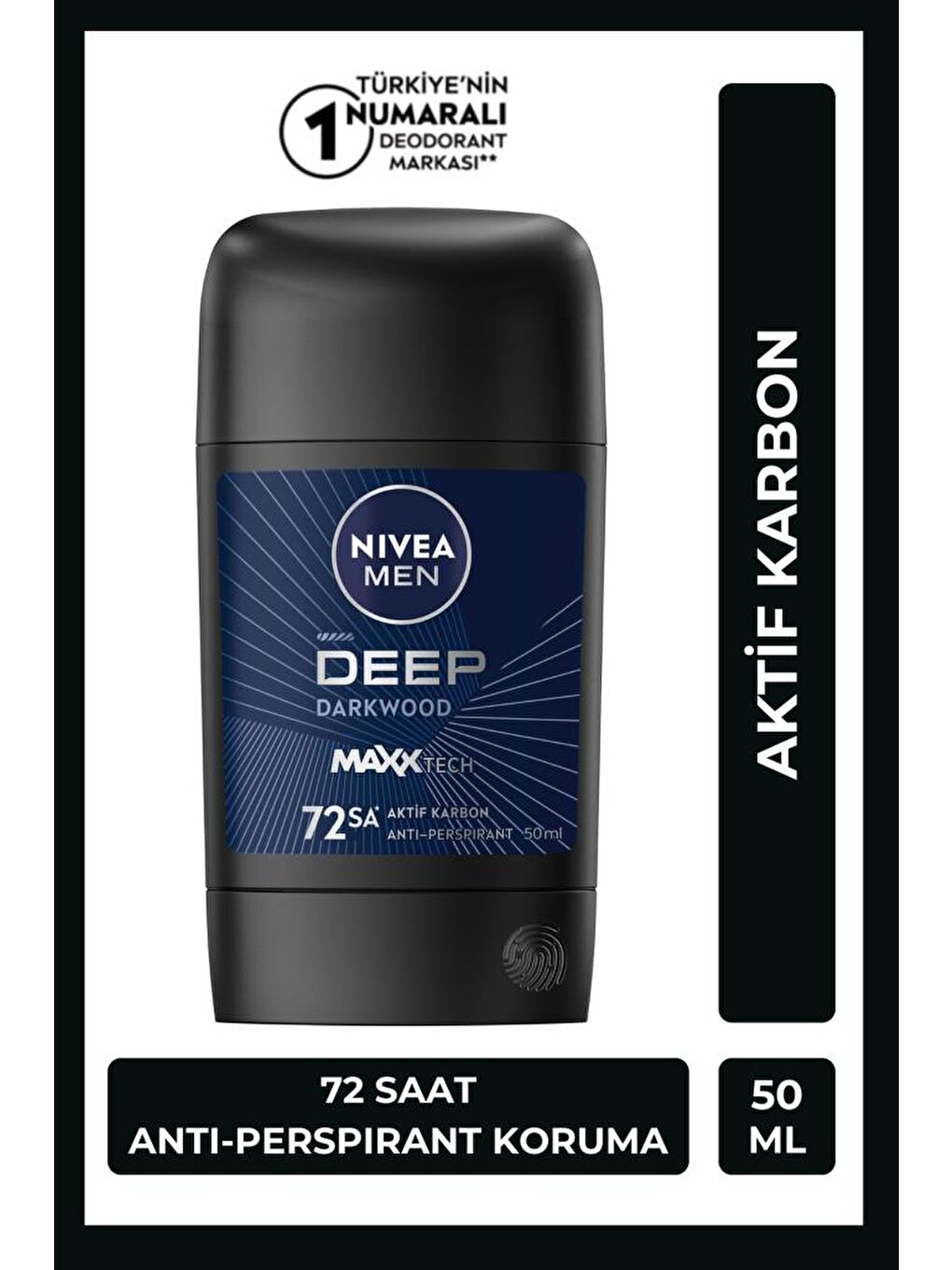 NIVEA Şeffaf MEN Erkek Stick Deodorant Deep Dimension Aktif Karbon 50ml, 72 Saat Anti-perspirant Koruma