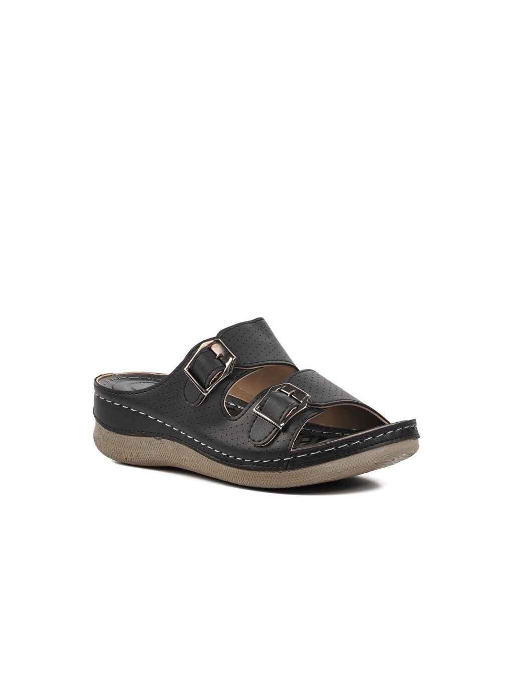 Milas Siyah Kadın Çift Bantlı Tokalı Terlik-2