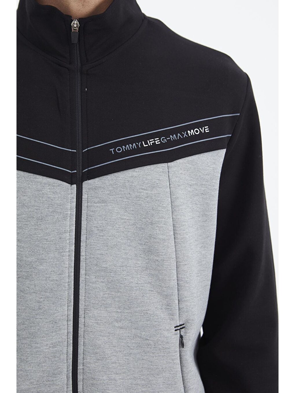 TOMMYLIFE Gri Melanj Dik Yaka Renk Bloklu Gizli Cep Detaylı Rahat Kalıp Erkek Sweatshirt - 88290 - 4