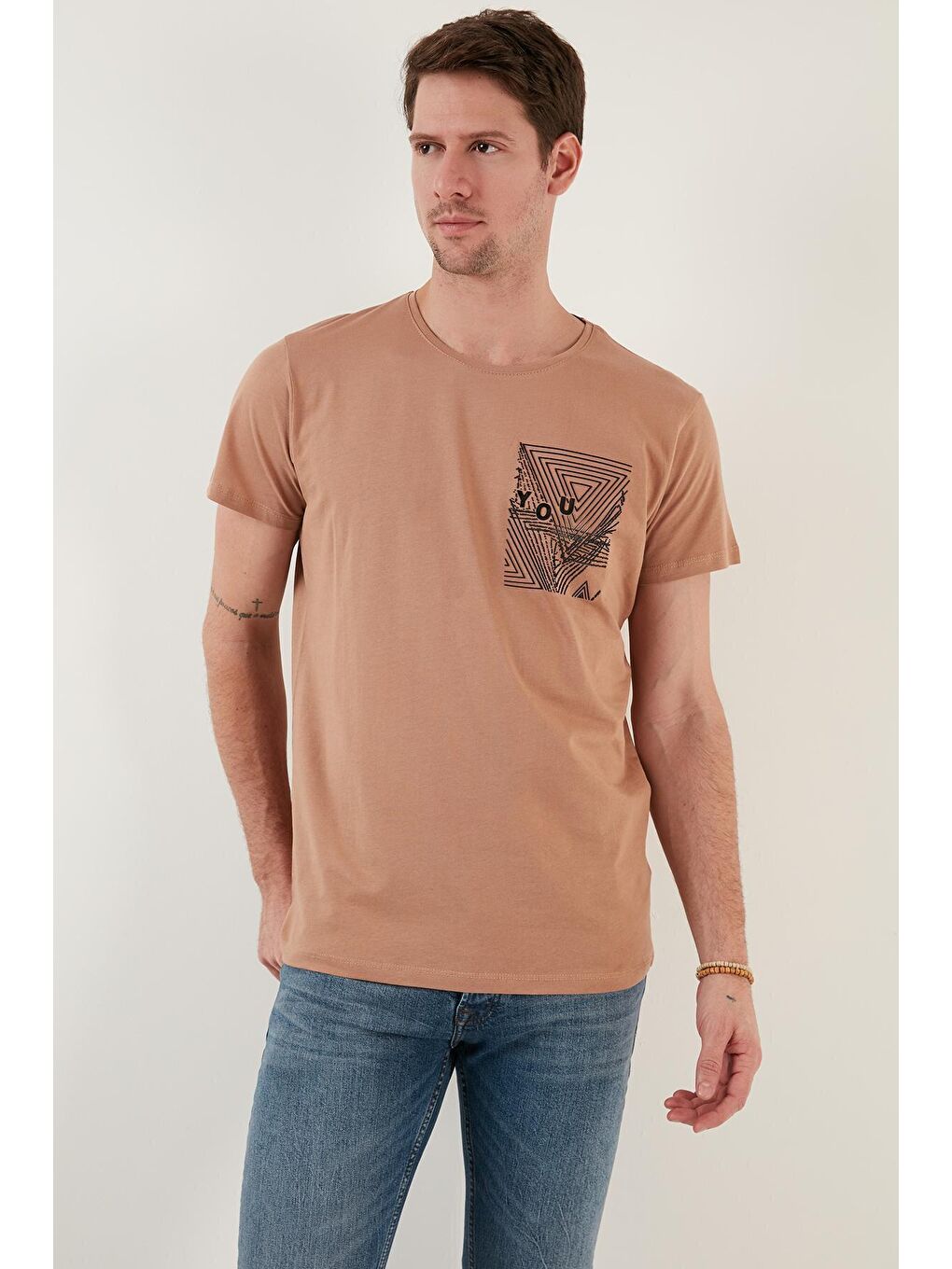 Bej Baskılı Bisiklet Yaka %100 Pamuk Slim Fit Tişört 541FORYOU-1