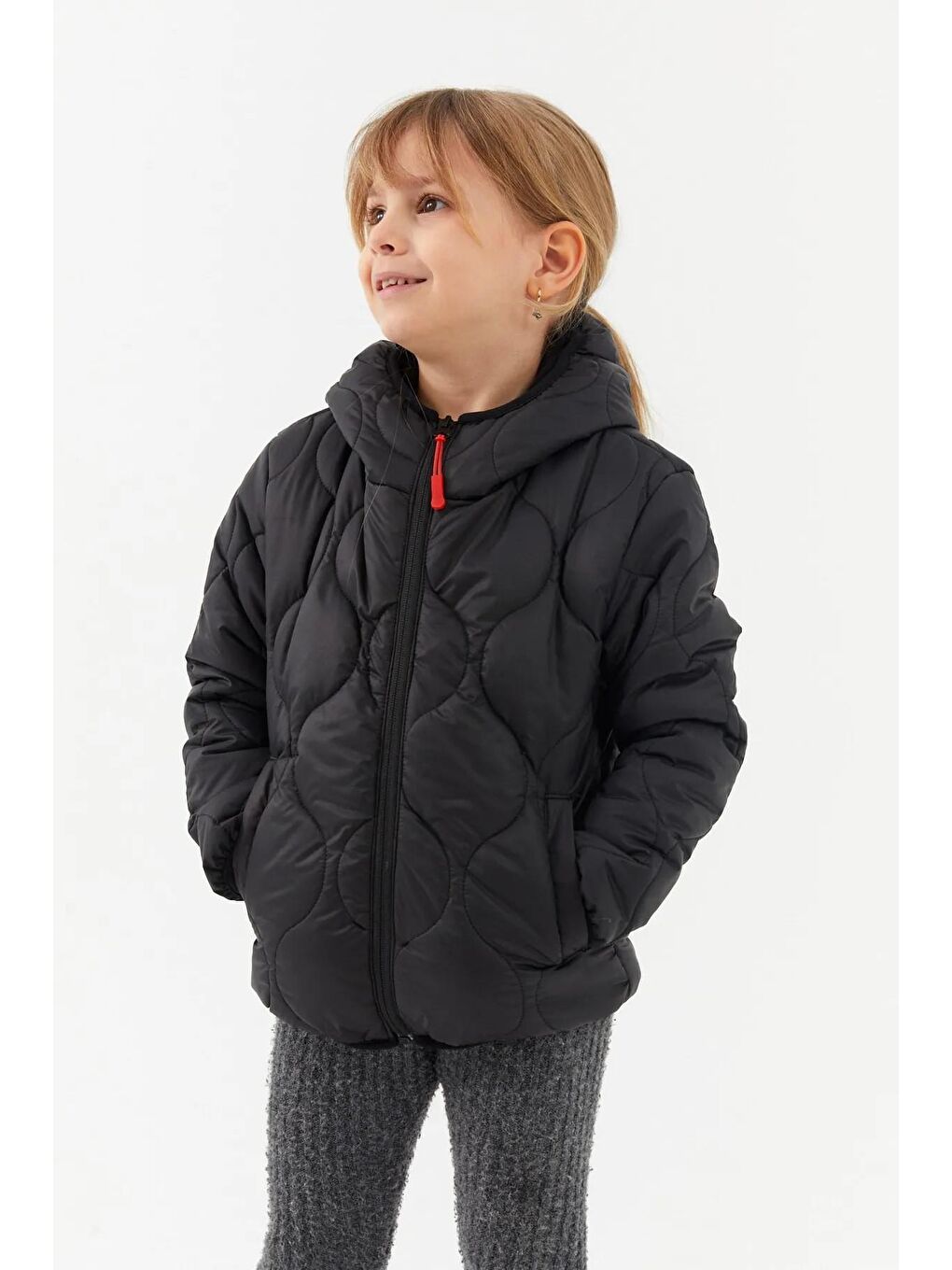 Siyah Kız Çocuk Soğan Desen  Polarlı Kapüşonlu Mont BRMK-002