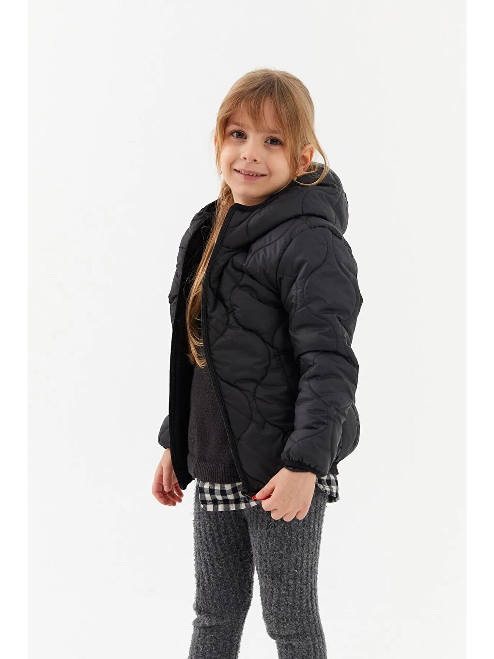 Siyah Kız Çocuk Soğan Desen  Polarlı Kapüşonlu Mont BRMK-002-2