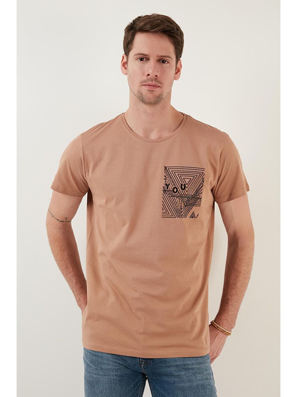 Bej Baskılı Bisiklet Yaka %100 Pamuk Slim Fit Tişört 541FORYOU-3