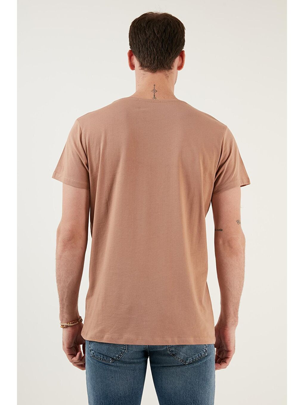 Bej Baskılı Bisiklet Yaka %100 Pamuk Slim Fit Tişört 541FORYOU-4