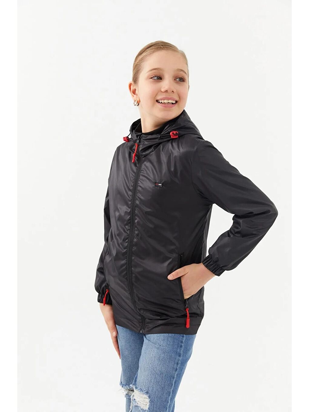 Siyah Kız Çocuk İçi Astarlı Suya Dayanıklı Kapüşonlu Cepli Yağmurluk BRMK-005-1