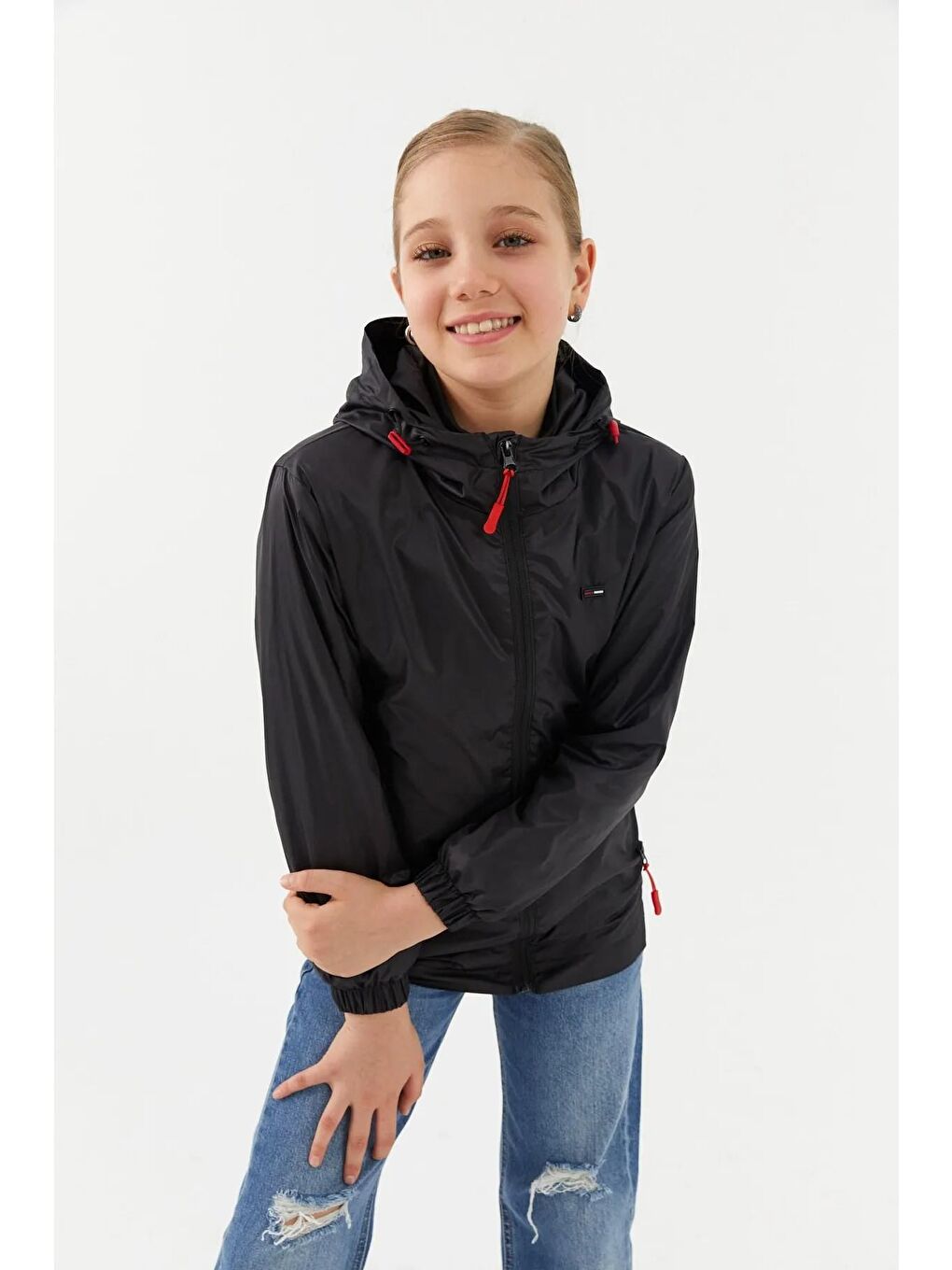 Siyah Kız Çocuk İçi Astarlı Suya Dayanıklı Kapüşonlu Cepli Yağmurluk BRMK-005-2
